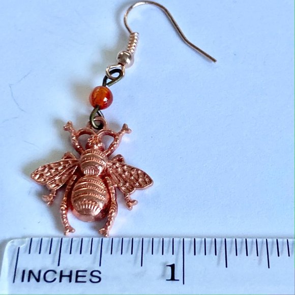 Carnelian Bead Bumble Bee Earrings Rose Gold Plated Dangle Queen Bea Orange - Picture 12 of 12